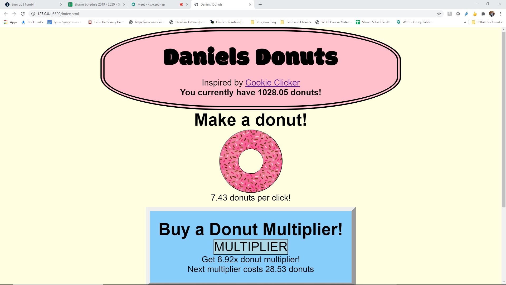 A screenshot of Donut Maker, a JavaScript web application based on Cookie Clicker