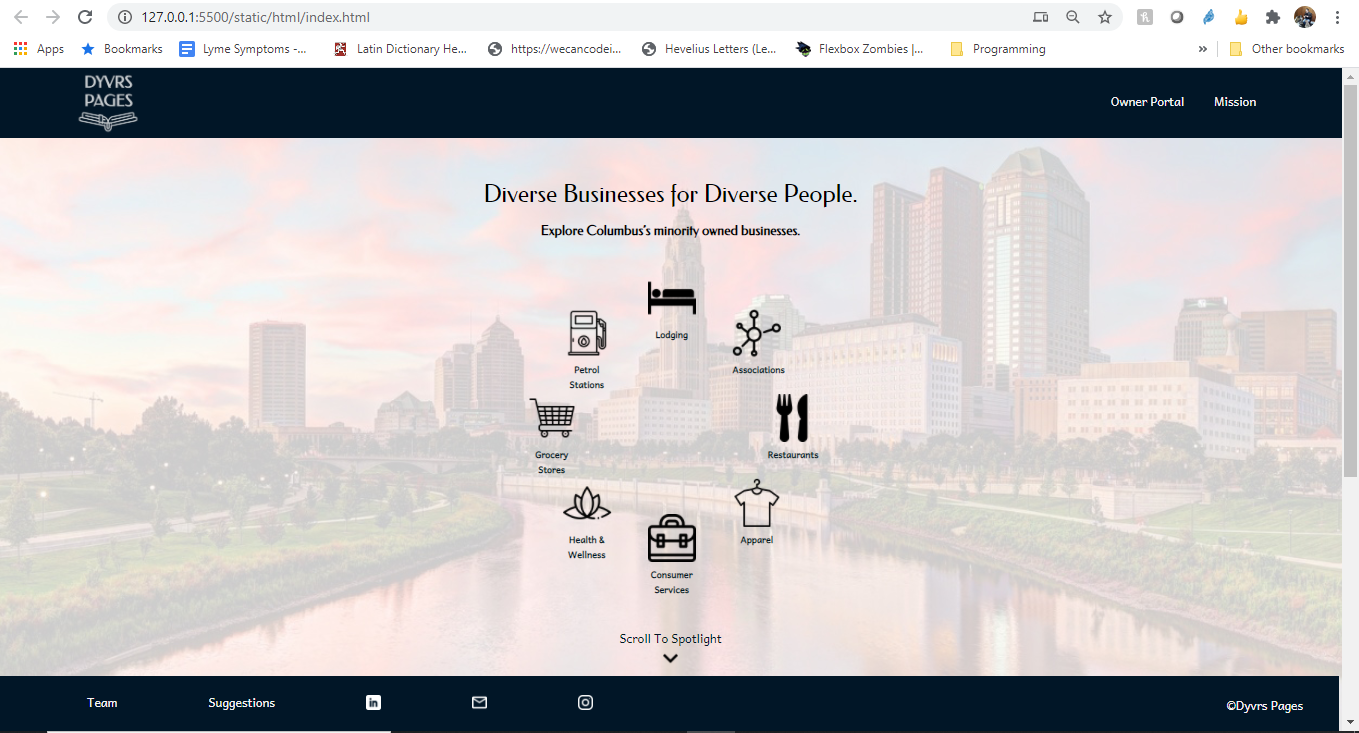 A screenshot of Dyvrs Pages, a web app to help find minority-owned businesses in Columbus, Ohio